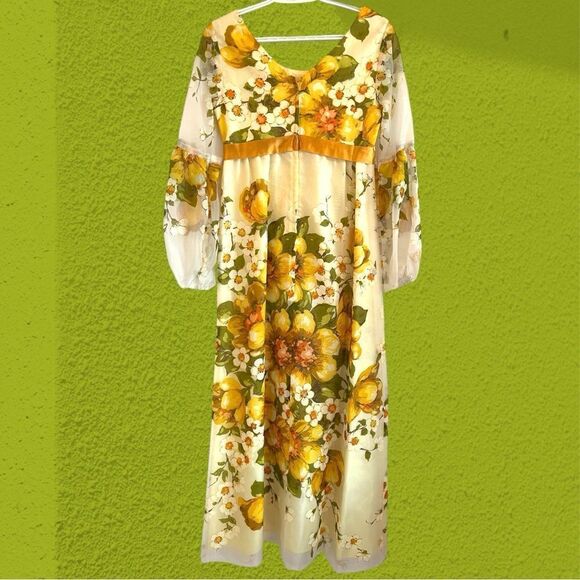 60s vintage Nu-Mode chiffon empire waist gown floral - Picture 9 of 16